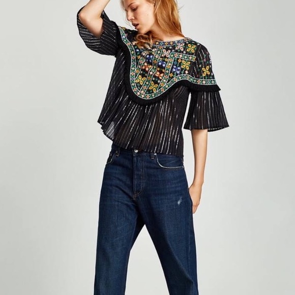 Zara | Tops | Zara Black Embroidered Fringe Peasant Festival Top Size Small  | Poshmark